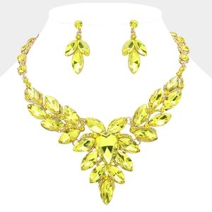 Yellow Crystal Teardrop Cluster Marquise Evening Statement Necklace Set